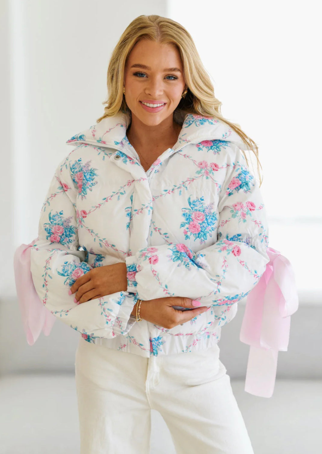 PREORDER Floral Puffer Jacket with Ribbon