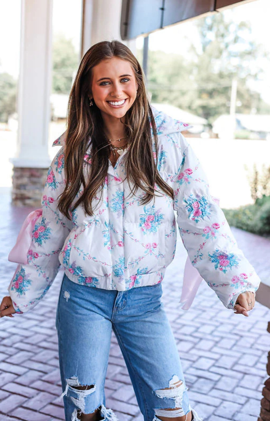 PREORDER Floral Puffer Jacket with Ribbon