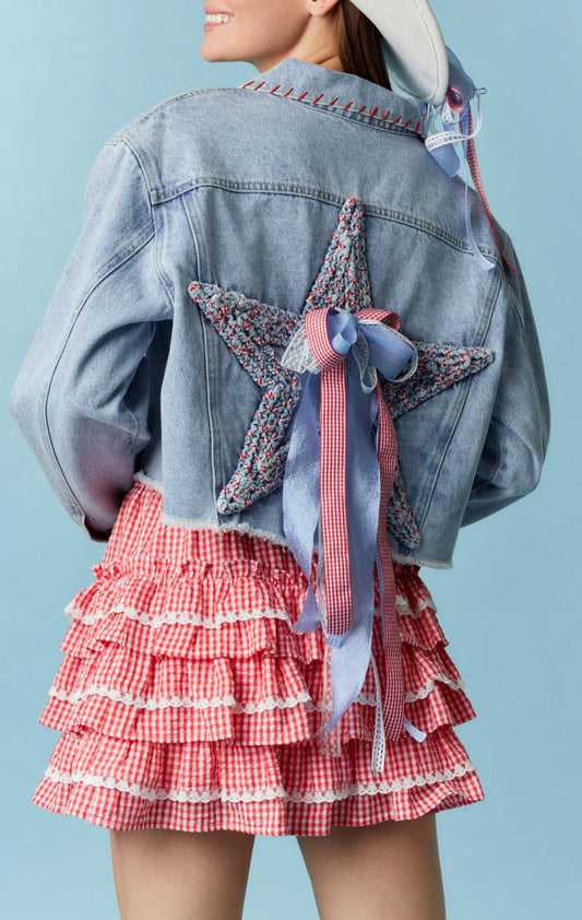 PREORDER Star Patch with Bow Trim Detail Washed Denim Jacket
