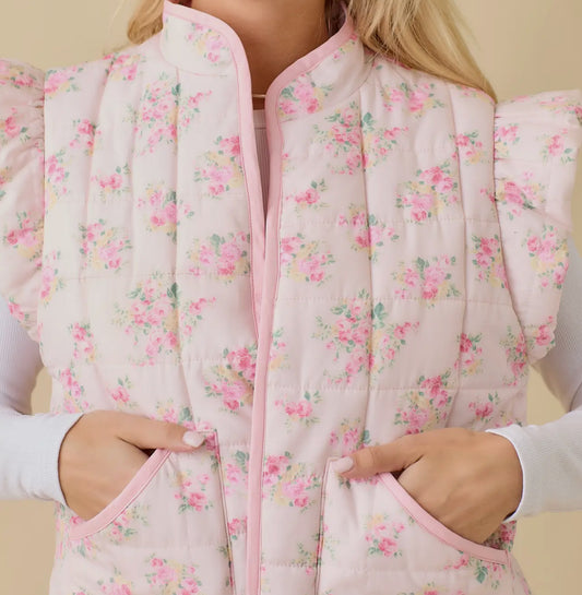 PREORDER Light Pink Floral Print Quilted Puff Vest
