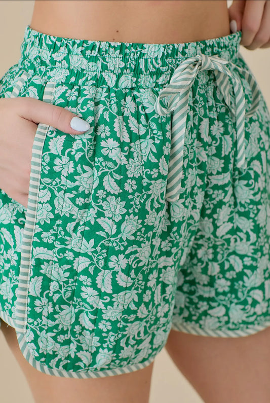 PREORDER Green Quilted Floral Stripe Shorts