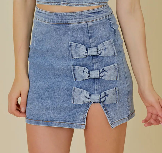 PREORDER Denim Skirt With Slit & Bows